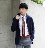 韩国个性复古针织衫蓝色开衫男学院风加厚开衫毛衣外套男明星同款