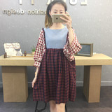 2016 新款爆款韩版时尚宽松高品质拼接拼色百褶裙甜美格子连衣裙