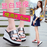 夏季新款韩版女凉鞋高跟坡跟鞋子女漆皮厚底防水台露趾松糕休闲鞋