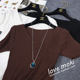 MOKI春夏女装修身韩版半透明短袖V领性感镂空纯色T恤打底衫针织衫