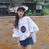 韩国ulzzang夏季女装原宿BF风韩版个性破洞宽松短袖棉T恤学生上衣