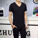 夏季男士短袖T恤潮流韩版青少年V领学生修身打底衫男印花情侣半袖