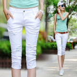 【天天特价】夏韩版女高腰紧身白色牛仔裤弹力破洞小脚显瘦七分裤