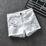 2016夏季韩版弹力修身显瘦破洞毛边白色牛仔短裤女潮字母个性热裤