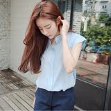 韩国东大门学院风夏季小清新棉麻无袖衬衫纯色立领学生短袖衬衣女