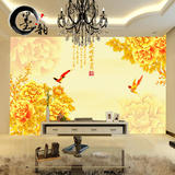 现代中式电视背景墙纸客厅3D立体金色壁纸花开富贵无缝大型壁画