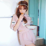 2016夏季韩国个性圆领短袖原宿风拼接贴布短款卫衣短裤宽松套装女