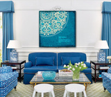 蓝色复古纹酒店沙发背景客厅现代简约办公室抽象新品无框装饰画