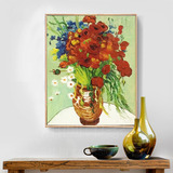 手绘梵高油画插满雏菊和罂粟花的花瓶凡高静物花卉油画装饰画