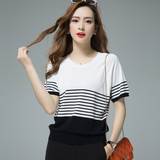 2016夏季新款女装韩版短袖t恤女宽松短款细横条纹针织打底衫品牌