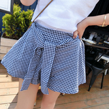 2016夏季新款韩版百搭显瘦假两件衬衣式绑带半身裙格子短裙女学生