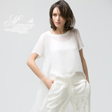 韩版宽松真丝罩衫夏季套头短袖不规则前短后长上衣圆领白色T恤女