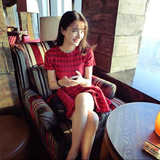 2016夏季新款女装小香风显瘦A字打底裙短袖针织红色连衣裙春秋潮