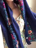 棉麻春秋刺绣花朵围巾披肩文艺蓝色丝巾女冬季花朵印度尼泊尔