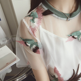 D哚啦2016夏装新款韩版 网纱小鸟刺绣透视短袖上衣女含吊带6239