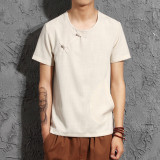 中国风男装 纯色复古亚麻短袖T恤夏季棉麻中式盘扣圆领麻料体恤衫