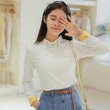 2016春装新款韩版钉珠雪纺衫女翻领套头白色撞色衬衫修身长袖打底