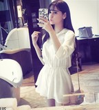 2016夏韩版中长款七分袖V领松紧腰收腰裙摆白色雪纺衬衫上衣女
