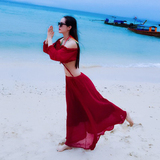 泰国沙滩裙巴厘岛海边度假必备性感显瘦一字领露肩复古连衣裙长裙