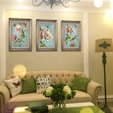 现代美式sofa乡村亚光客厅墙面沙发后面的壁画三联有框花鸟装饰画