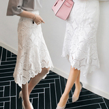 韩版新款白色蕾丝半身裙中长款高腰包臀裙不规则荷叶边鱼尾裙子夏