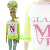 Barbie芭比可儿丽芙娃娃衣服套装  黄粉拼接上衣配休闲灰色7分裤