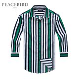 太平鸟男装 蓝绿撞色条纹韩版修身七分袖时尚衬衫B2CB42734