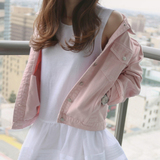 2016秋季新款休闲时尚可爱粉色宽松纯色单排扣长袖牛仔短外套女