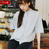 2016新款韩版立领棉麻百搭纯色条纹夏季学生宽松短袖T恤衬衫女潮