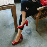 韩版春季方扣黑色浅口尖头中跟粗跟红色高跟单鞋小码女鞋31 32 33