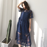 杨泡泡2016夏韩版复古连衣裙高腰短袖套装长裙中长款蓝色两件套女