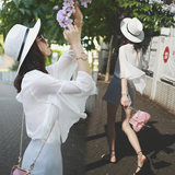 杨泡泡2016夏季韩版新款白色上衣宽松荷叶边显瘦喇叭袖娃娃衫女装