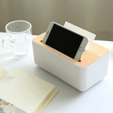 启优/日式创意橡木盖子纸巾盒抽纸手机架化妆盒桌面收纳盒