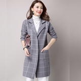 2016新款初秋装冬天外套女韩版学生修身格子大衣羊绒衫中长款开衫