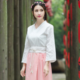 2016春夏装新款女装复古中国风修身交领古装改良汉服长袖棉麻上衣