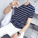 短袖T恤男夏季韩版修身青少年圆领条纹男士t恤学生高领半袖男装潮