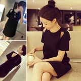 夏季新款韩版女装修身性感宽松直筒赫本小黑裙显瘦露肩短袖连衣裙