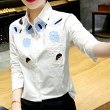 2016秋季女装新款日系刺绣纯棉长袖白色衬衫韩版上衣修身打底衬衣