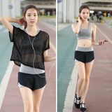 韩国夏季瑜伽服三件套装女健身房跑步假两件运动短裤背心显瘦罩衫