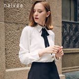 Naivee/纳薇2016春季新品领口系飘带基本款长袖衬衫女162240380