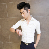 夏季韩版短袖衬衫修身半袖男士七分袖衬衣时尚发型师中袖潮流男装