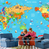 无缝大型壁画地中海儿童房墙纸男孩卡通卧室壁纸女孩世界中国地图