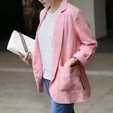 促销2016秋季新款女装韩版麻质直筒长袖纯色小西服外套大码特价