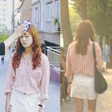 韩国学院风小清新学生大码粉色竖条纹衬衫女长袖衬衣女宽松简约