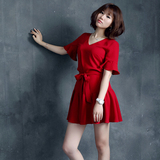 2016夏季新款女显瘦 短袖V领 黑色红色雪纺连衣裙  中长款裙子潮