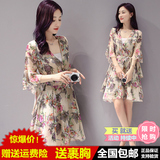 2016夏季韩版新款V领荷叶袖印花雪纺淑女系带中长款女装连衣裙子