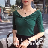 韩版复古性感V领纯色中袖T恤修身短款蝴蝶结打底衫上衣女秋装新款