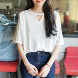 夏季韩版新款短袖T恤女宽松显瘦大码姐妹装纯色镂空学生半袖上衣