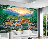 可爱卡通绿色草地花卉晨曦两只老虎动物油画布客厅卧室无纺布墙纸