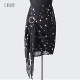 夏季韩版复古金属扣不规则花色半身裙中裙气质雪纺包臀裙女不对称